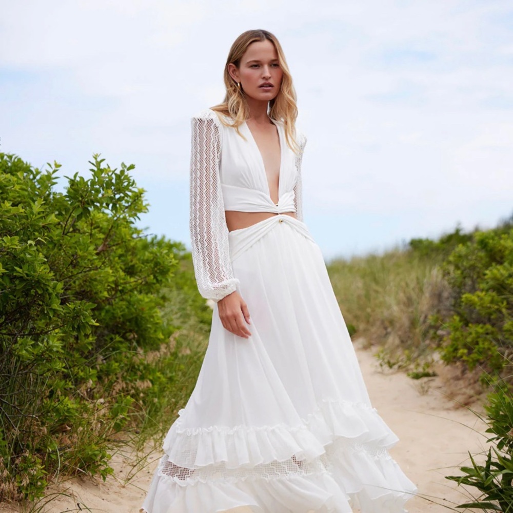 PATBO PLUNGE LACE SLEEVE MAXI DRESS